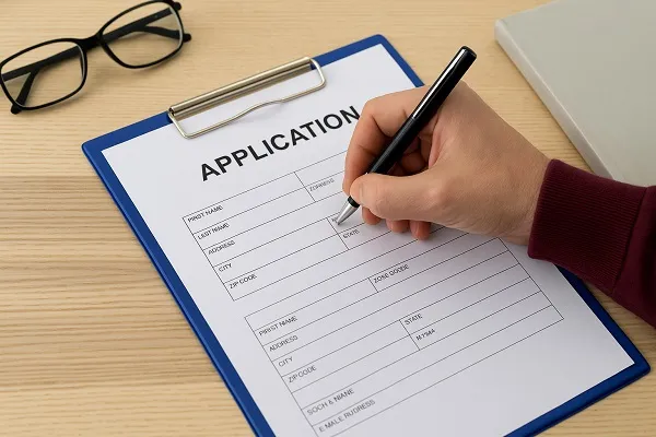 A hand holding a pen fills out an application form on a clipboard, with eyeglasses and a notebook on a wooden desk.