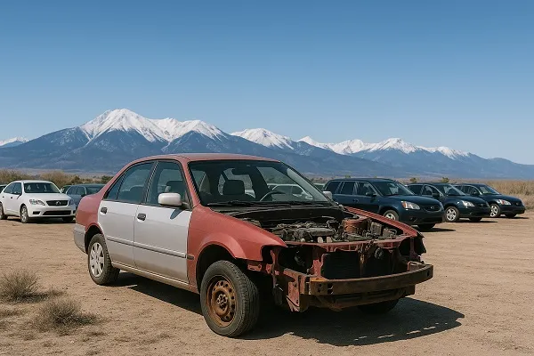 A junked red-and-silver sedan sits in a dusty Colorado lot with snow-covered mountains in the background and clear blue skies overhead.
