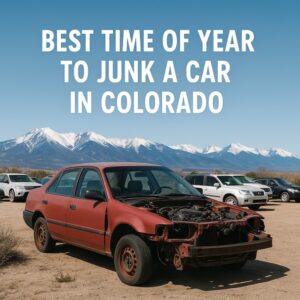 A rusted red sedan missing its front bumper sits in a Colorado junkyard, with snow-capped mountains in the background under a clear sky.