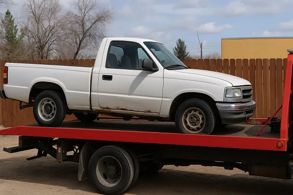A rusty white pickup truck being loaded onto a red flatbed tow truck in a residential area.