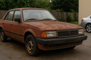 Rusted, abandoned sedan parked in a driveway, showing visible wear and decay.