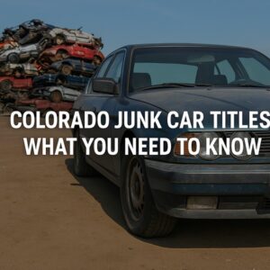 A damaged blue sedan in front of a pile of crushed junk cars at a Colorado salvage yard with bold text overlay.