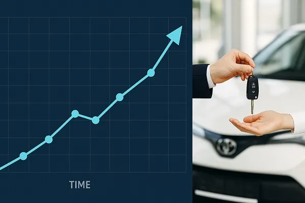 Split image showing a rising market trend graph next to a person handing over car keys at a dealership.