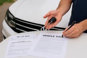 Close-up of a person signing a vehicle title with car keys in hand, next to bill of sale and odometer disclosure documents on a white car hood.