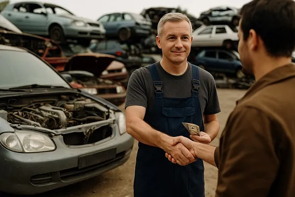 Two men shake hands at a junkyard filled with stacked, damaged cars, as one hands over cash during a vehicle sale.