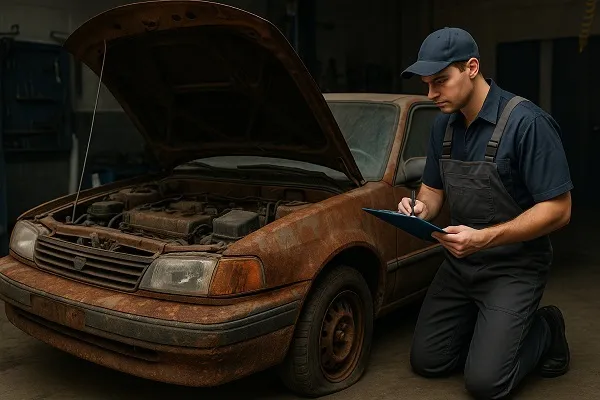 Mechanic inspects rusted old car in a garage, taking notes on a clipboard with the car’s hood open.