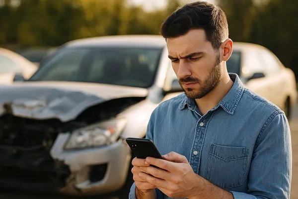 A man in a denim shirt looks intently at his phone in front of a damaged silver sedan with a crumpled hood, parked outdoors.
