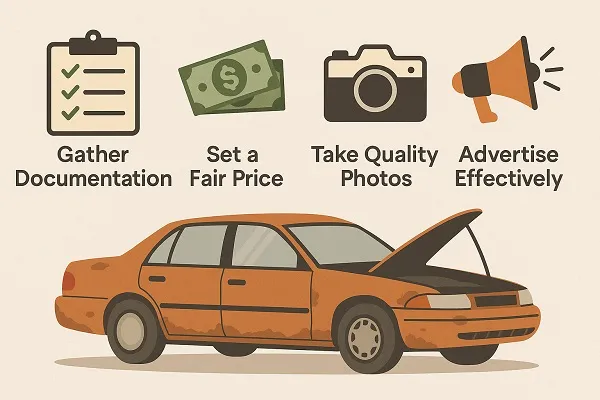 Infographic showing four tips to sell an old car: gather documentation, set a fair price, take quality photos, and advertise effectively.