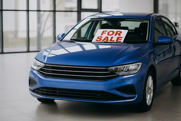 Blue sedan with a "For Sale" sign displayed in the windshield inside a modern, sunlit dealership showroom.