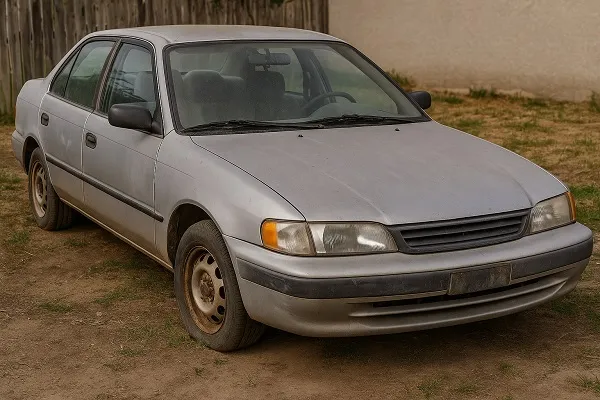 An old silver sedan parked on a patchy, dirt-filled yard with faded paint and rusted wheels.