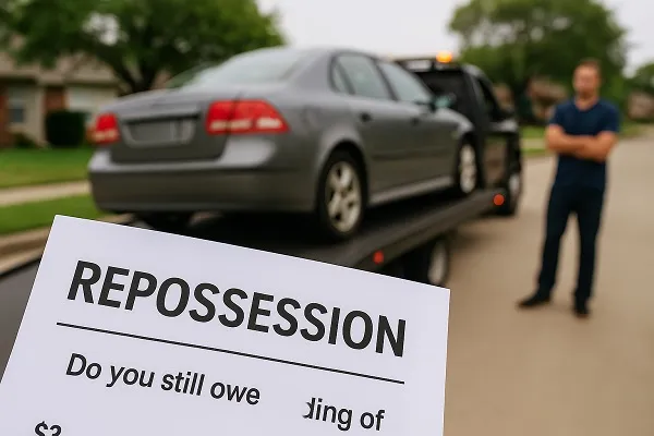 A repossession notice in the foreground with a silver car being towed on a flatbed truck in the background, and a man watching nearby.