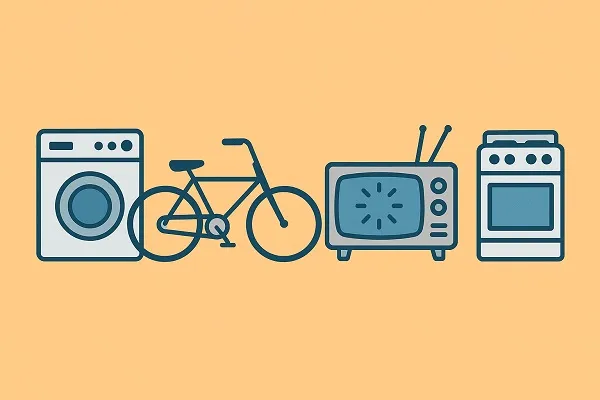 Wide illustration showing four junk items that can contain scrap: a washing machine, bicycle, vintage TV, and stove.