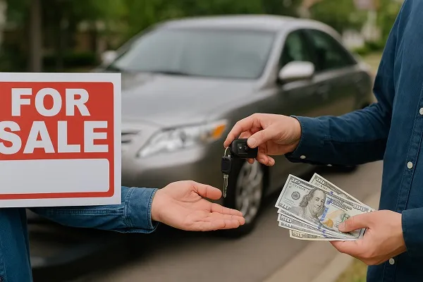 Close-up of a car sale transaction showing cash, a car key exchange, and a "For Sale" sign with a silver car in the background.