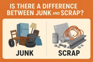 Side-by-side comparison of junk and scrap with illustrations of household waste on the left and recyclable metals on the right.