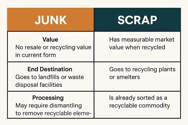Wide infographic comparing junk and scrap in a side-by-side chart highlighting differences in value, destination, and processing.