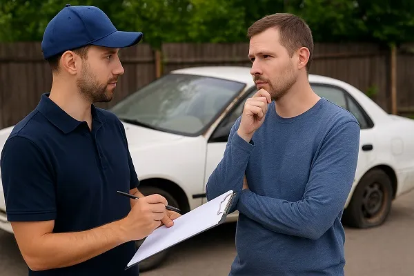 A man with a clipboard speaks to another man standing thoughtfully beside an old white car, symbolizing questions to ask a junk car buyer.