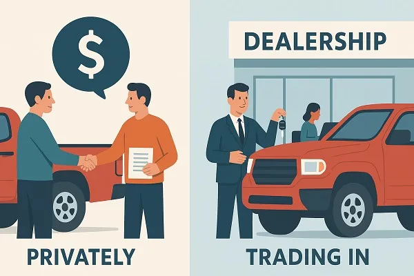 Illustration comparing private pickup truck sale with a dealership trade-in, split into two contrasting scenes.