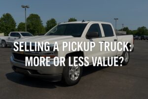 White pickup truck at a dealership lot with overlay text “Selling a Pickup Truck: More or Less Value?”