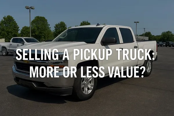 White pickup truck at a dealership lot with overlay text “Selling a Pickup Truck: More or Less Value?”