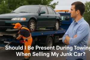 A man watches as a tow truck operator secures his junk car onto a flatbed tow truck, representing the decision to be present during towing.