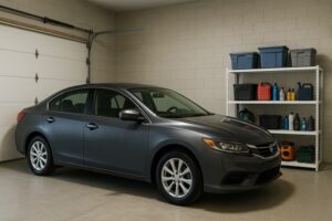 A clean gray sedan parked inside a tidy garage with organized shelving and car care supplies.