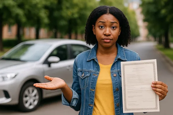 Woman holding paperwork and shrugging beside a silver car, symbolizing uncertainty about selling a car without a title.