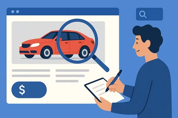 Wide illustration of a person creating a car listing online, showing a red sedan on a website with details and pricing.
