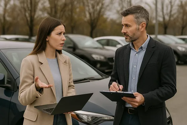 Woman discussing concerns with a salesman while standing near a dark blue car in a dealership lot.
