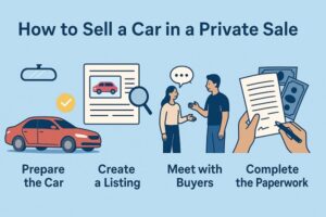 Wide infographic showing steps to sell a car in a private sale, including preparing the car, creating a listing, meeting buyers, and completing paperwork.