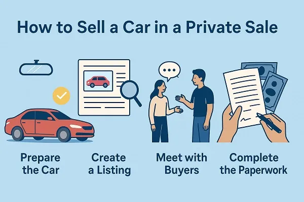 Wide infographic showing steps to sell a car in a private sale, including preparing the car, creating a listing, meeting buyers, and completing paperwork.