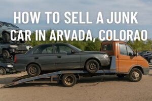 Wide-angle photo of a junk car being loaded onto a tow truck in a junkyard with text overlay “How to Sell a Junk Car in Arvada, Colorado.”