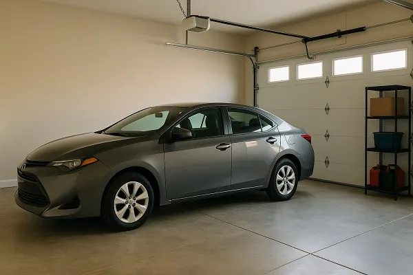 A gray sedan parked neatly in a spacious, clean garage with shelving and organized storage boxes.
