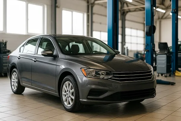A metallic gray sedan in a bright auto repair shop with lifts and tools in the background.