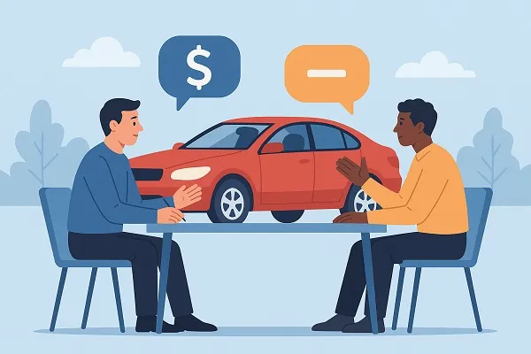 Wide illustration of two people negotiating a car sale, seated at a table with a red car in the background.