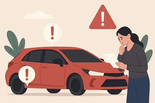 Wide illustration of a concerned woman reading a document near a red car, surrounded by warning signs and exclamation mark icons.