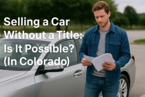 Man standing by a silver car holding paperwork, representing selling a car without a title in Colorado.
