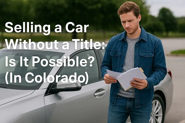 Man standing by a silver car holding paperwork, representing selling a car without a title in Colorado.