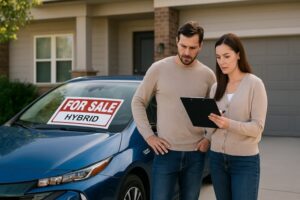 Couple reviewing paperwork in front of a blue hybrid car with a "For Sale" sign parked outside their suburban home.