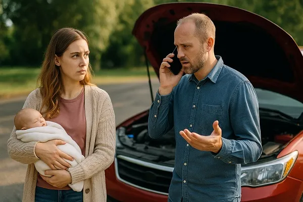 Couple with a baby standing beside a red car with the hood open, man on phone, symbolizing complex or special circumstances.