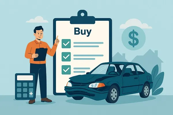 Illustration of a man with a clipboard standing next to a damaged car, a checklist, and a calculator.