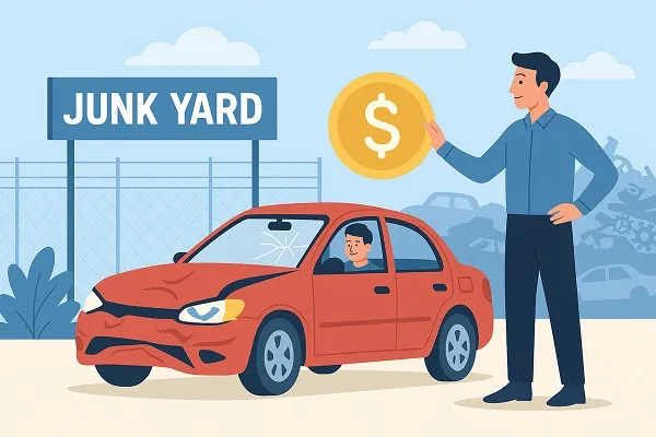 Illustration of a junkyard scene with a man handing a coin to a driver in a damaged red car.