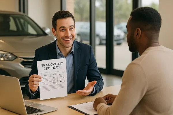 Smiling car seller showing an emissions test certificate to a buyer inside a bright dealership office.
