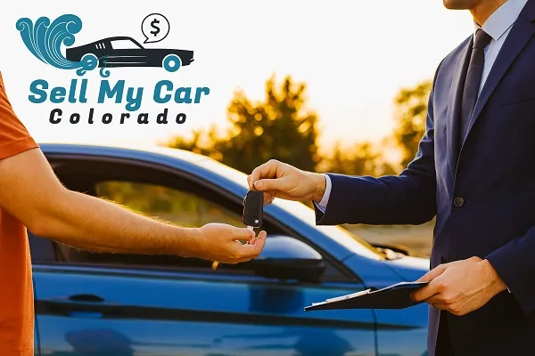 A car seller hands keys to a buyer outdoors beside a blue car, symbolizing a quick, local car sale in Colorado.
