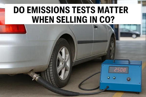 A silver car undergoing emissions testing inside a Colorado inspection station with diagnostic equipment connected to the exhaust.
