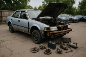 A rusted junk car being dismantled in a Colorado junkyard with removed parts arranged on the ground, showing legal vehicle stripping.