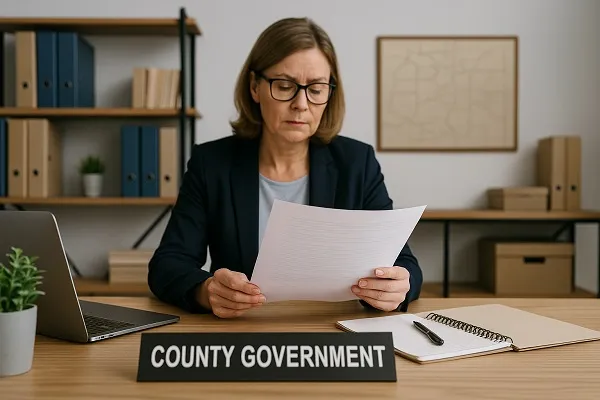 County government official reviewing junk car regulations in Colorado office.