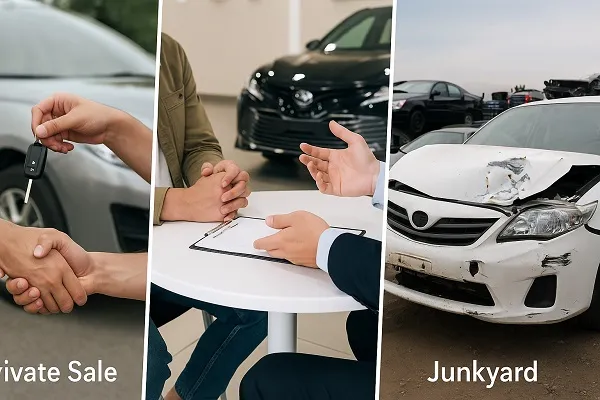 Three scenes showing a car key handover, a trade-in discussion at a dealership, and a damaged car in a junkyard.