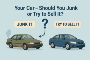 Illustration showing an old car labeled “Junk It” and a newer car labeled “Try to Sell It,” representing the decision between junking or selling a vehicle.