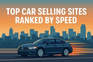 Wide banner showing a dark blue car speeding in front of a modern city skyline with the title “Top Car Selling Sites Ranked by Speed.”
