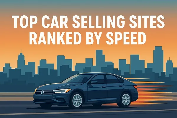 Wide banner showing a dark blue car speeding in front of a modern city skyline with the title “Top Car Selling Sites Ranked by Speed.”